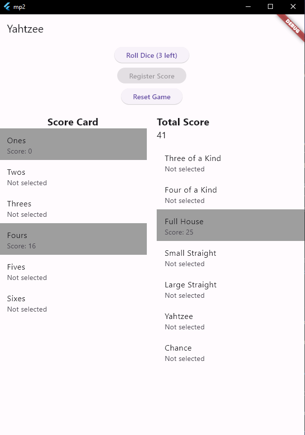 Yahtzee Selecting a zero point category